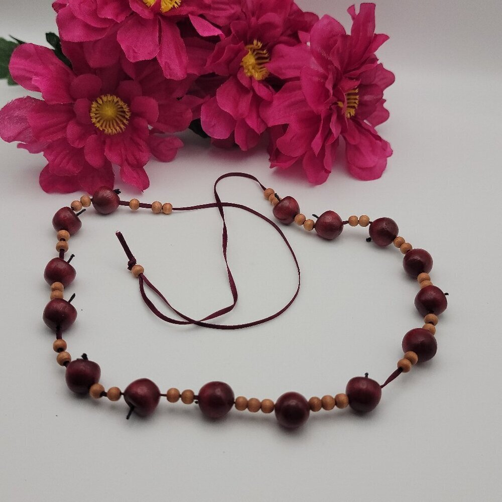 Vintage 80's Red Apple Fruit Necklace Brown Cord Wooden Beads 30" Total Tie Cord